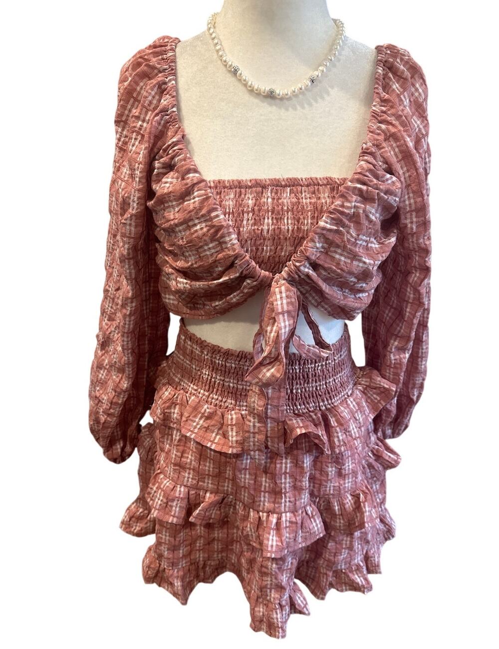 Illa Illa Dusty Rose Smocked 2-Piece Skirt & Tie-Front Crop Top Set – Size Small